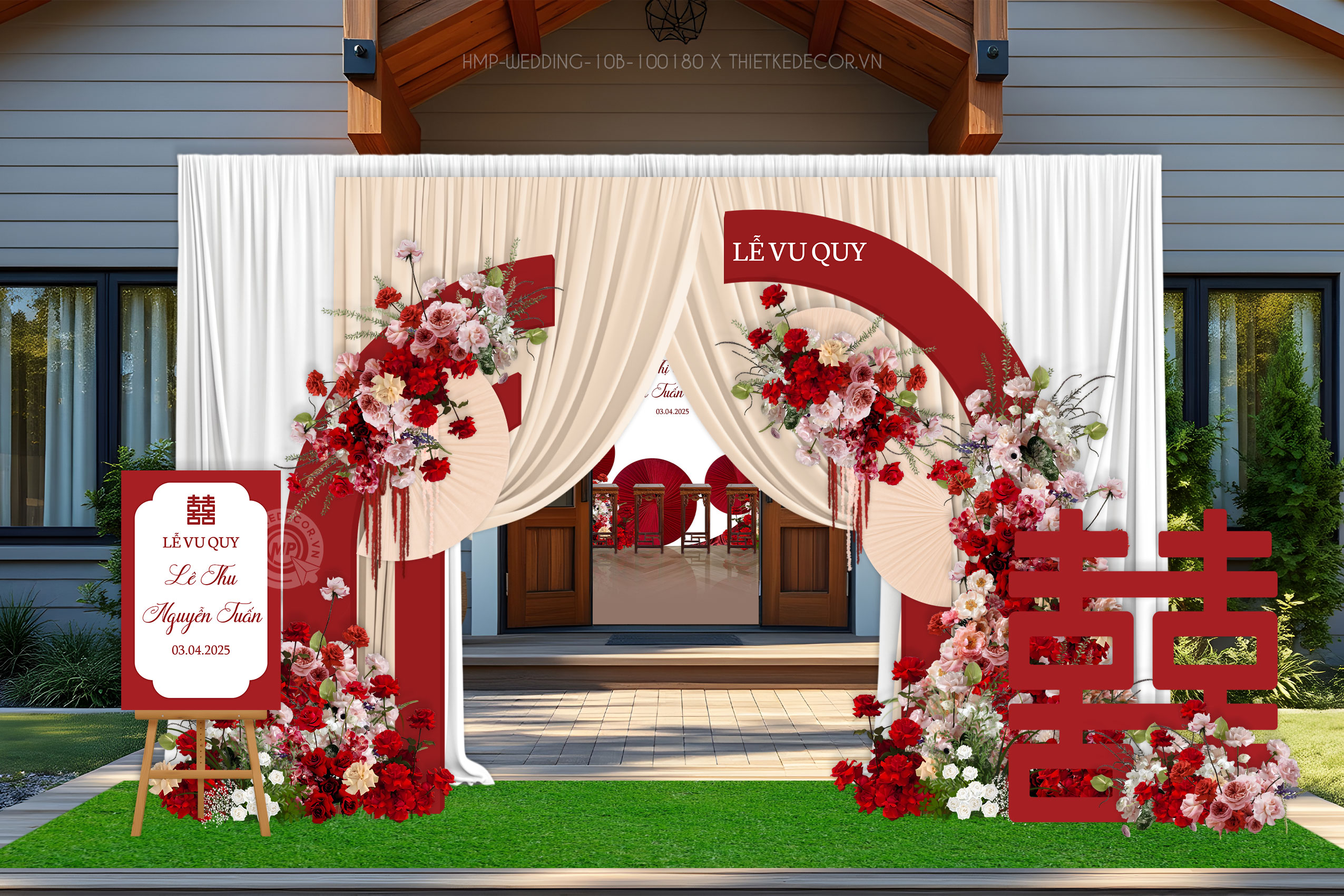 Cổng cưới dạng vòm tone đỏ kèm chữ Hỷ và bảng Welcome cưới